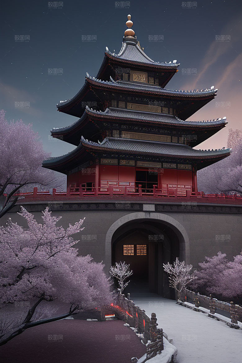 天上的中国古代宫殿的全景