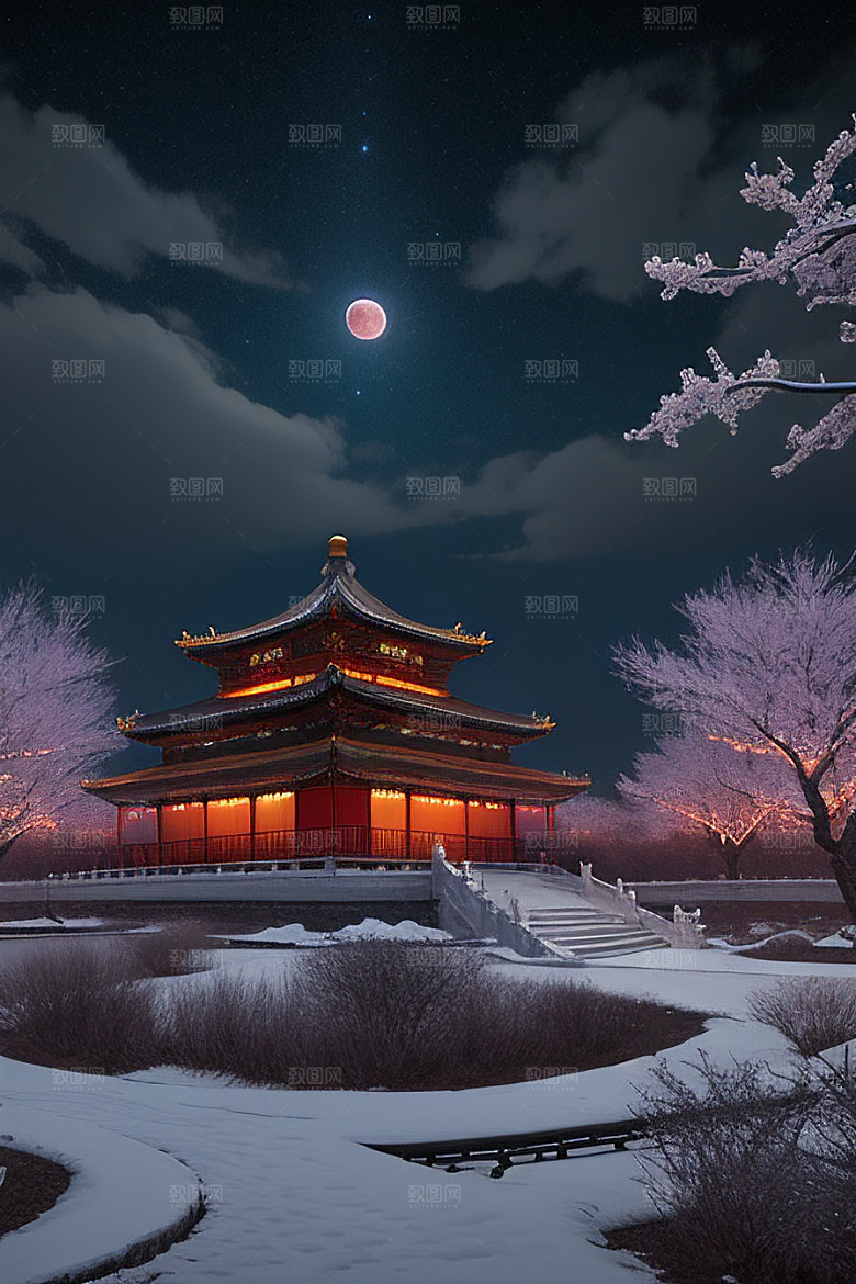 天上的中国古代宫殿的全景