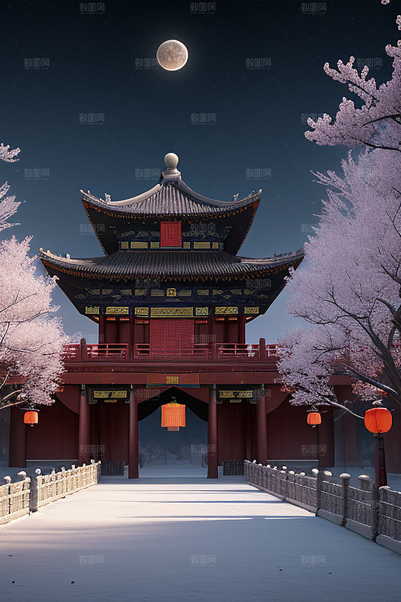 天上的中国古代宫殿的全景