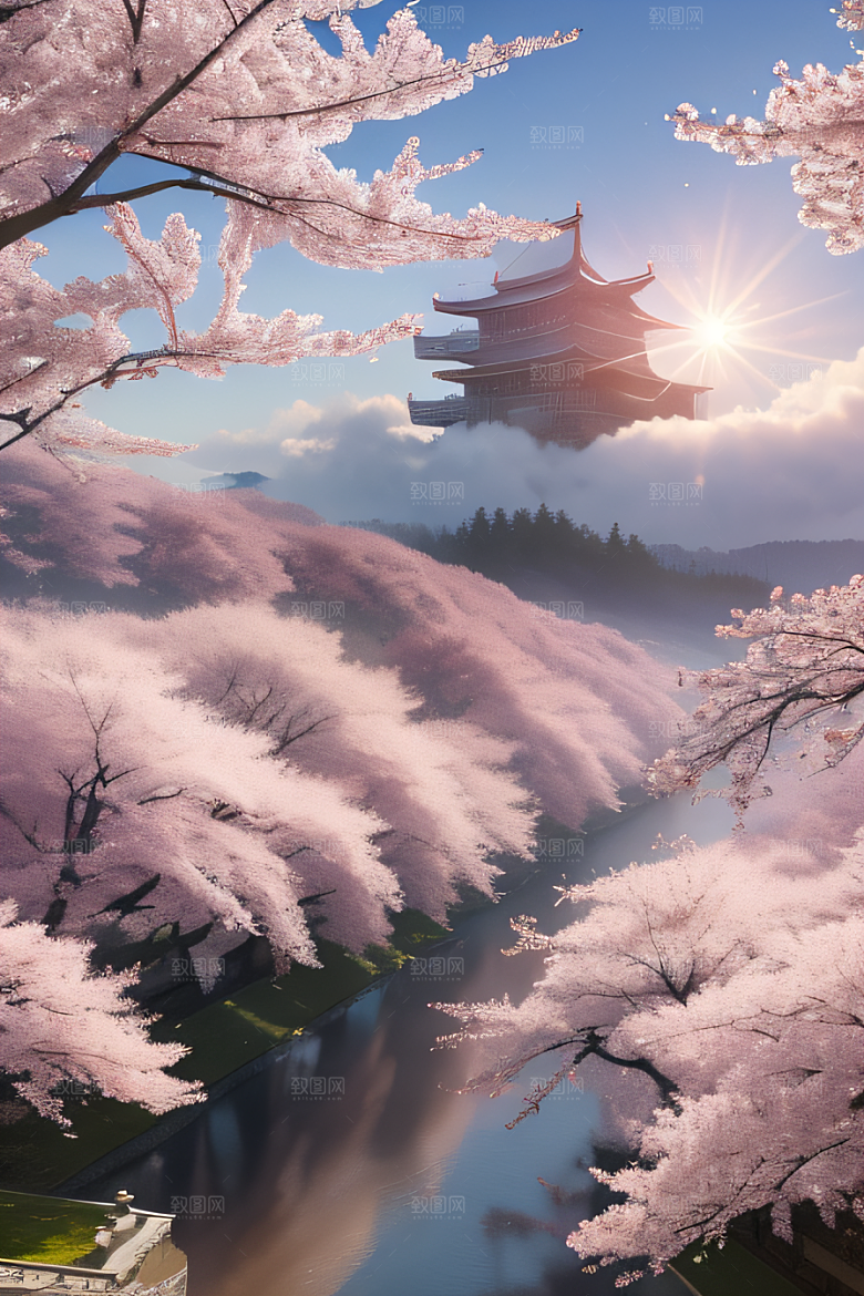 樱花绚烂云上宫殿