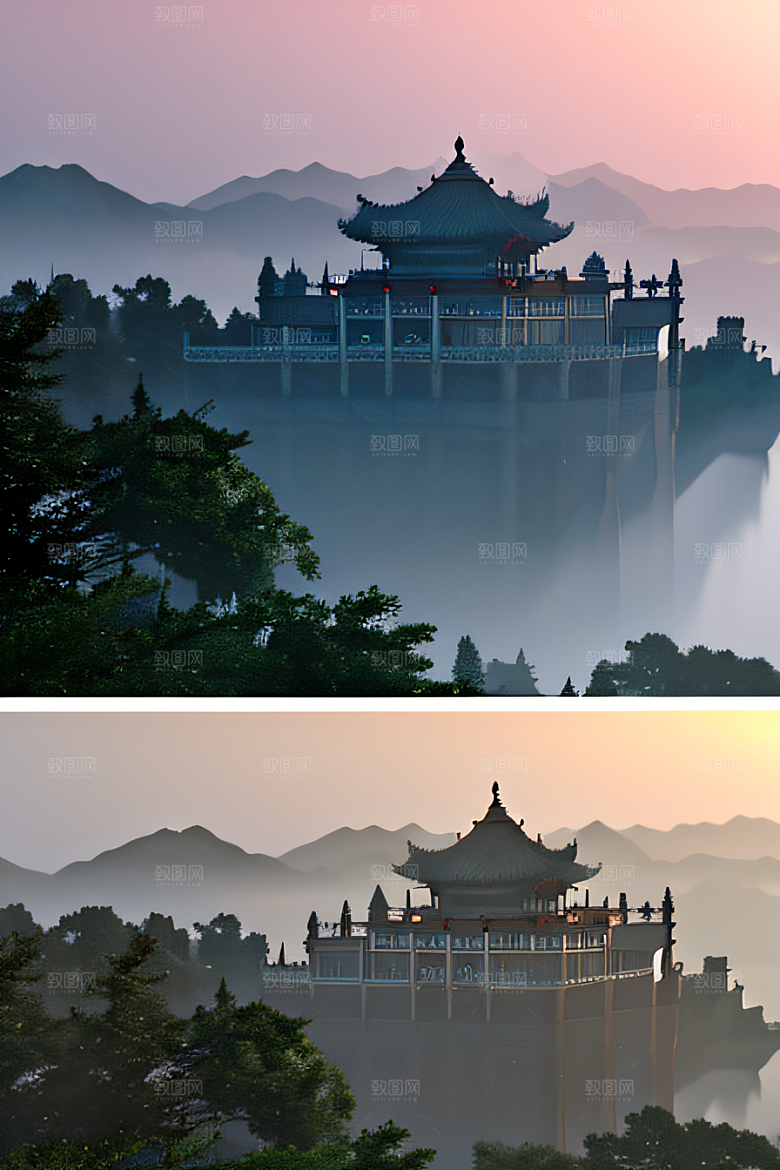 中国宫殿蓝白色调中的安静美景