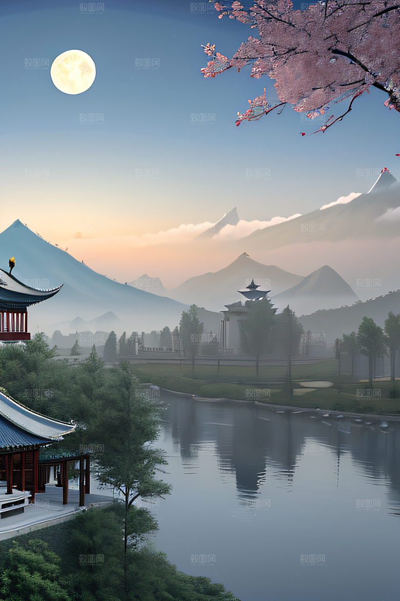中国宫殿蓝白色调中的安静美景