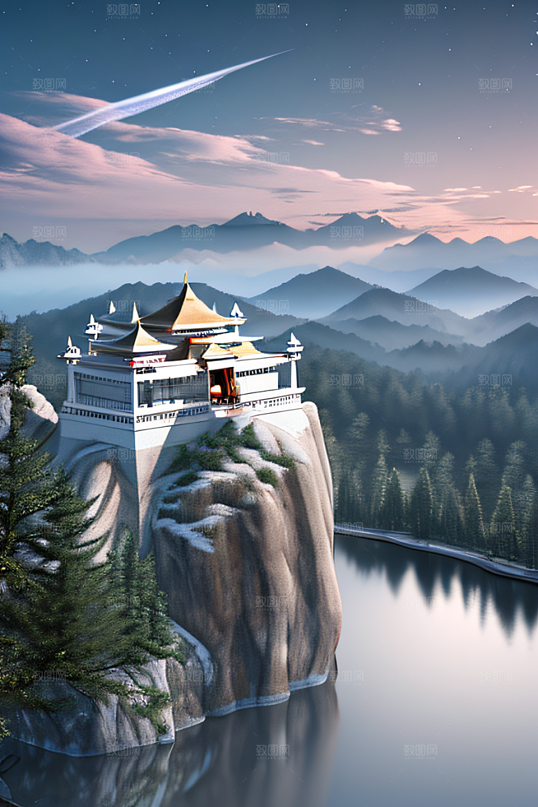 中国宫殿蓝白色调中的安静美景
