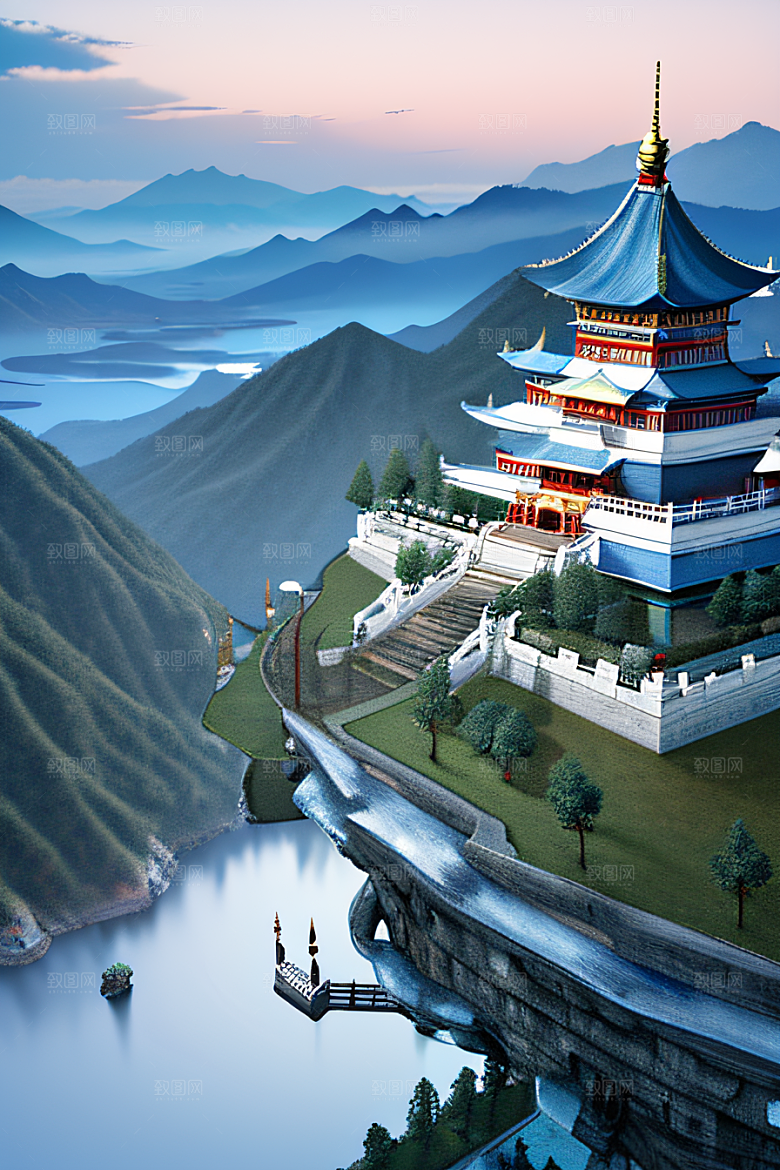 中国宫殿蓝白色调中的安静美景