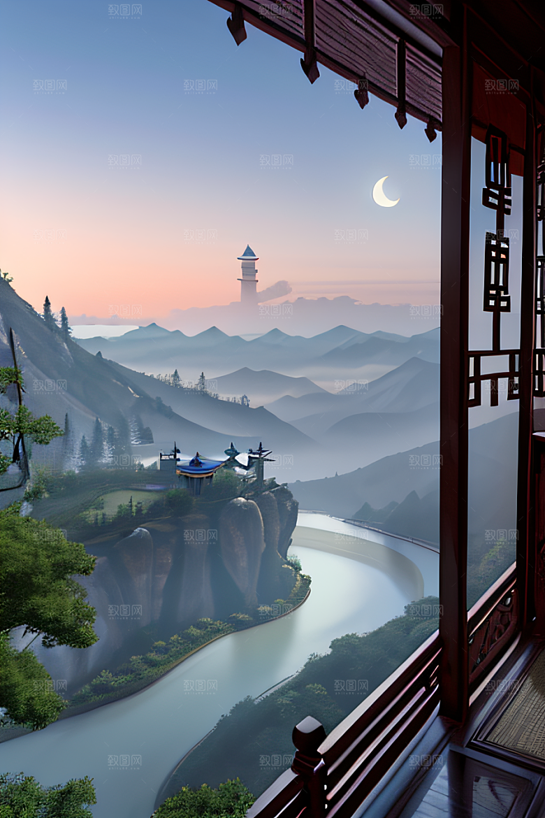 中国宫殿蓝白色调中的安静美景