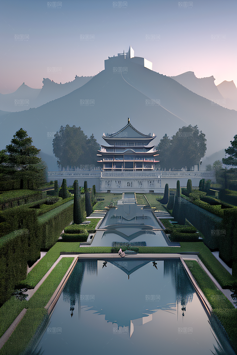 中国宫殿蓝白色调中的安静美景