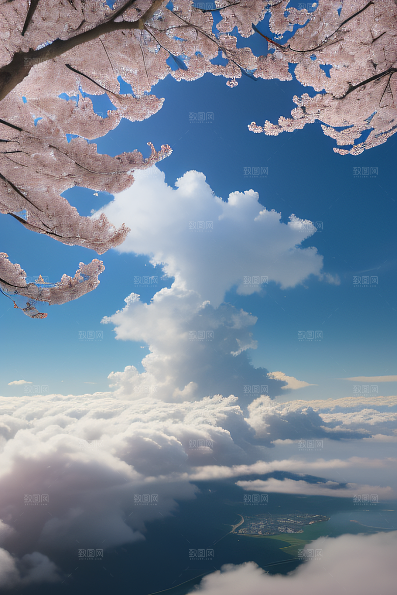 樱花绽放云上宏伟宫殿