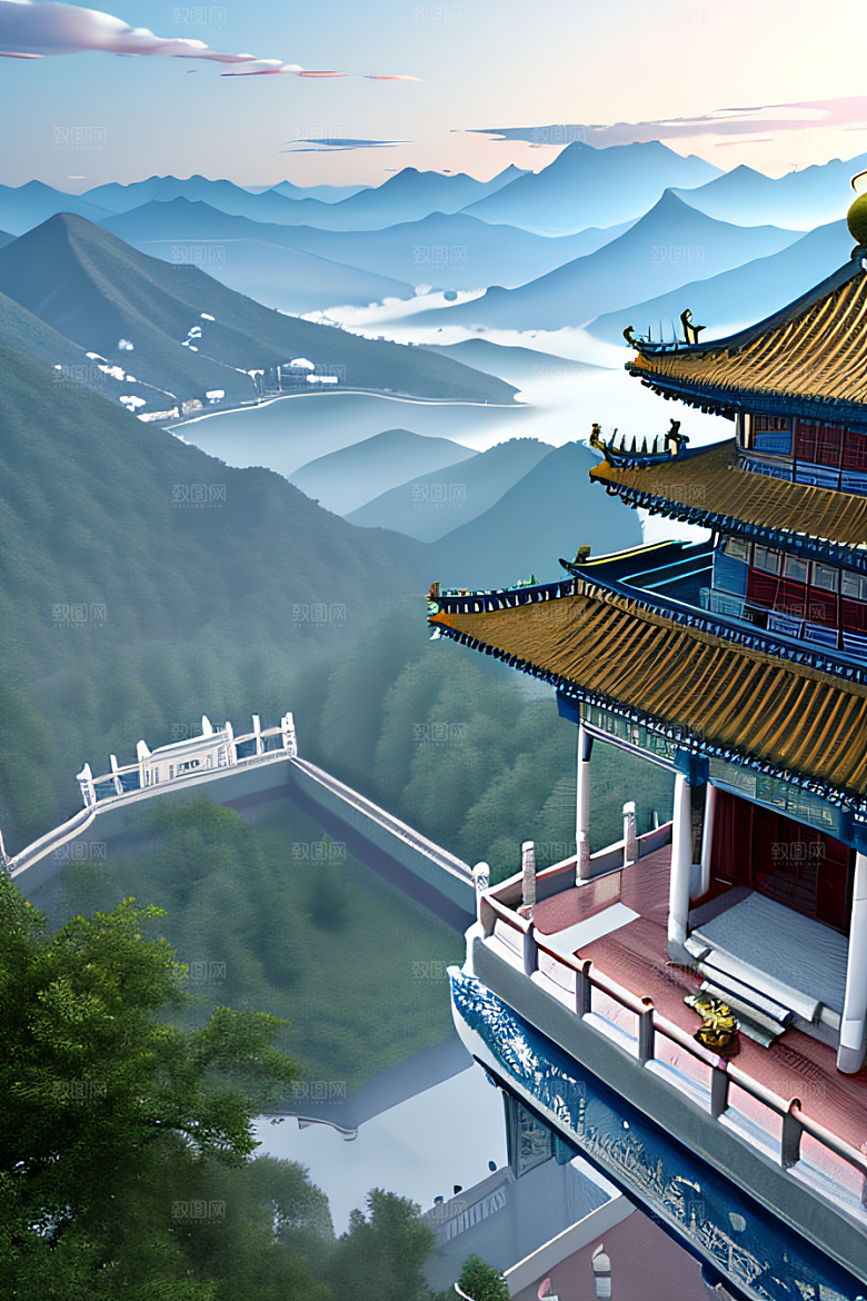 中国宫殿蓝白色调中的安静美景