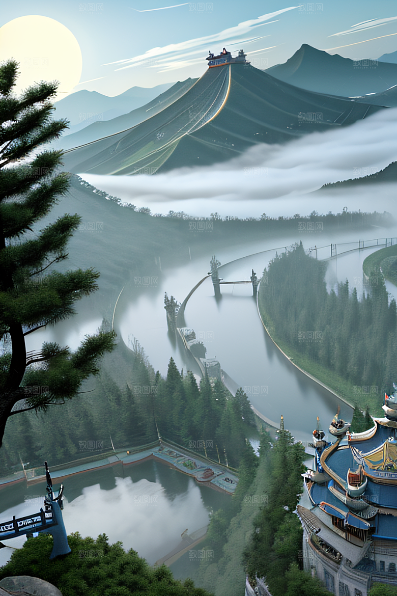 中国宫殿蓝白色调中的安静美景