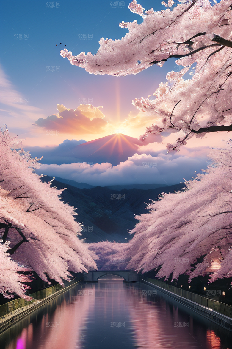 樱花绽放云上宏伟宫殿