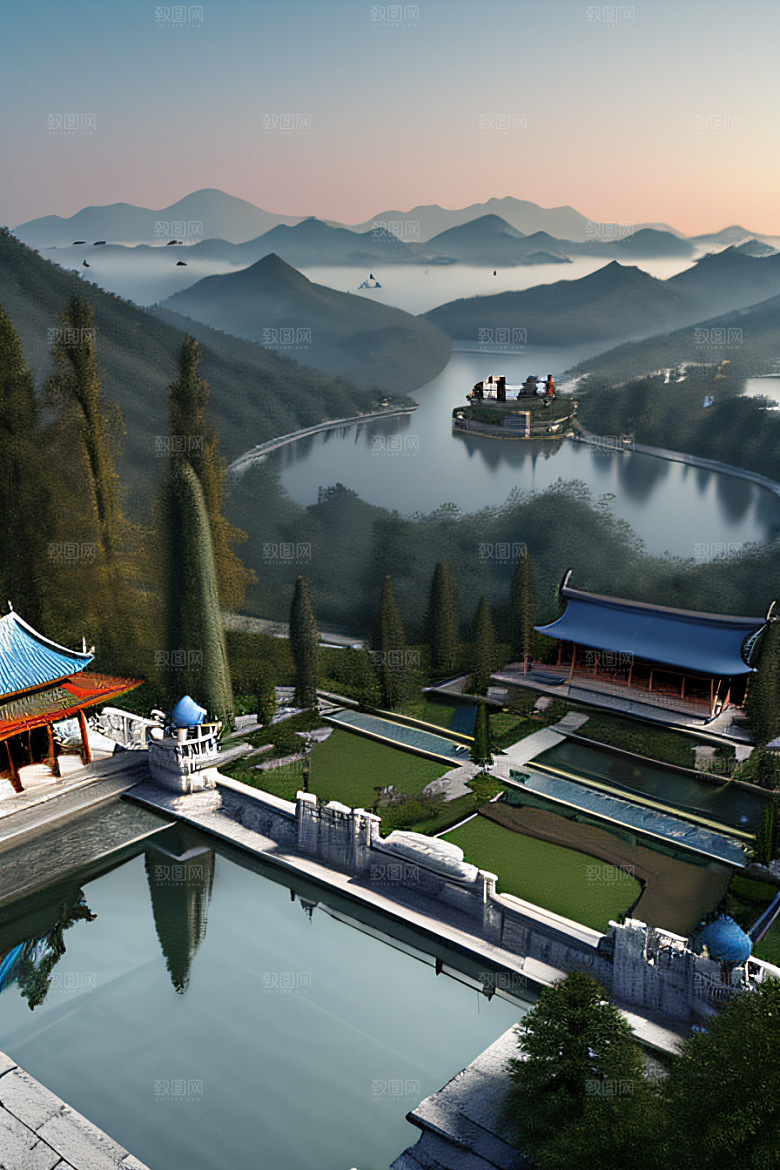 中国宫殿蓝白色调中的安静美景