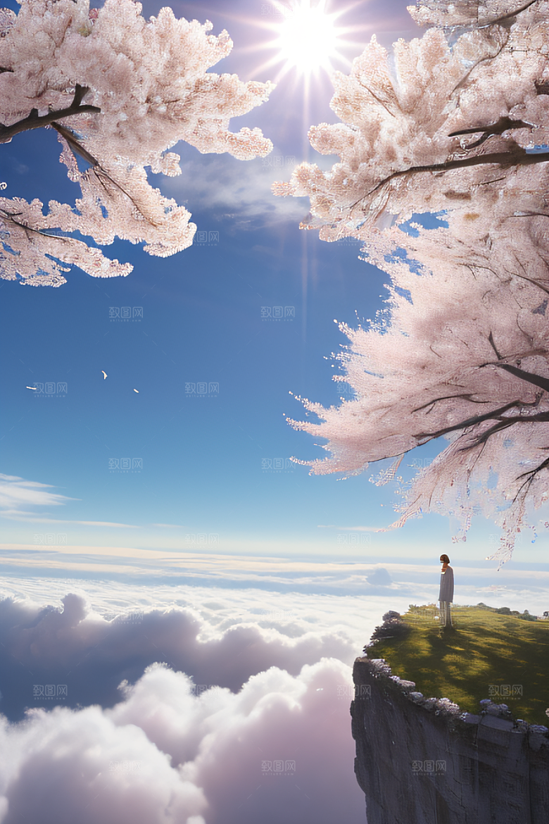 樱花绽放云上宏伟宫殿