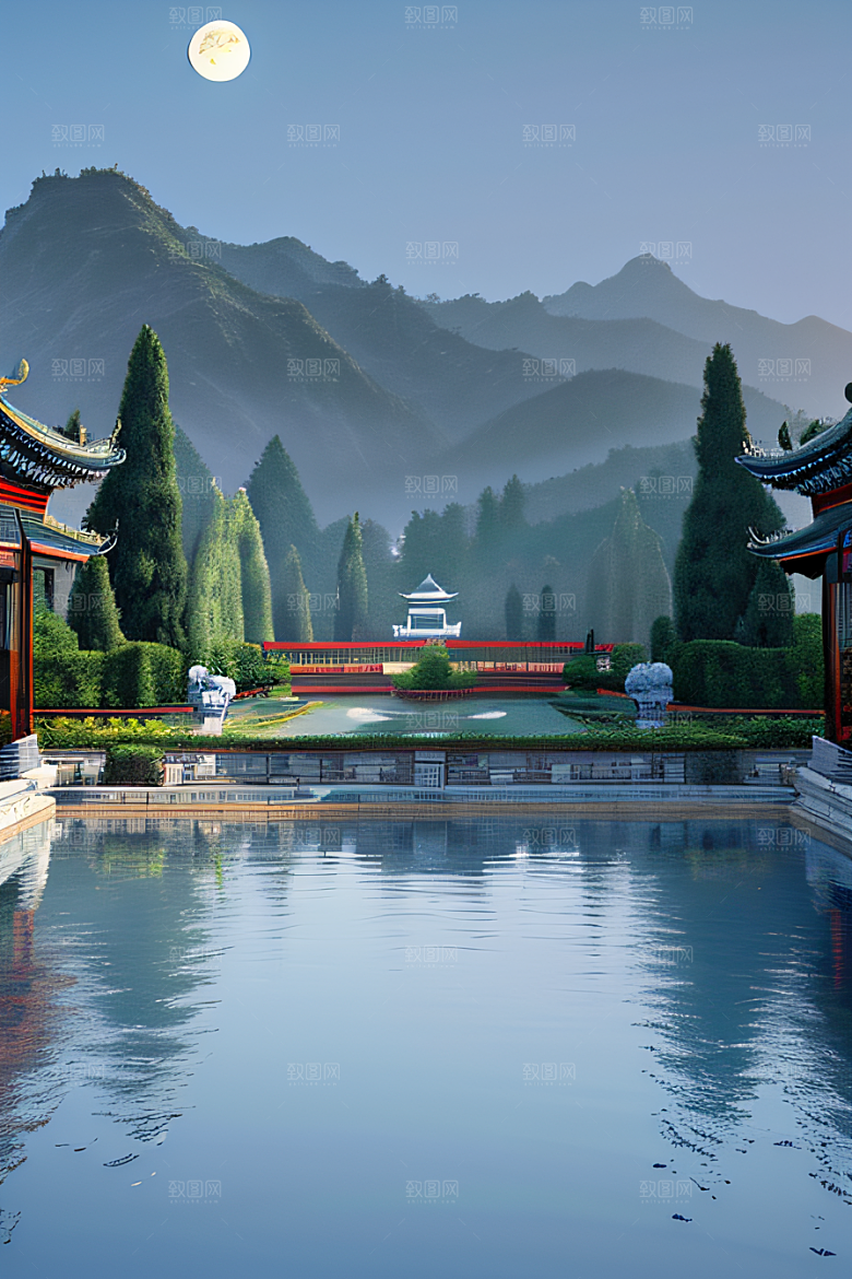 中国宫殿蓝白色调中的安静美景
