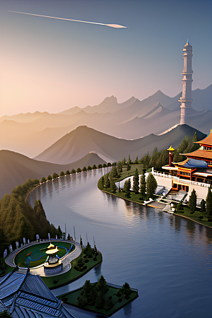 中国宫殿蓝白色调中的安静美景