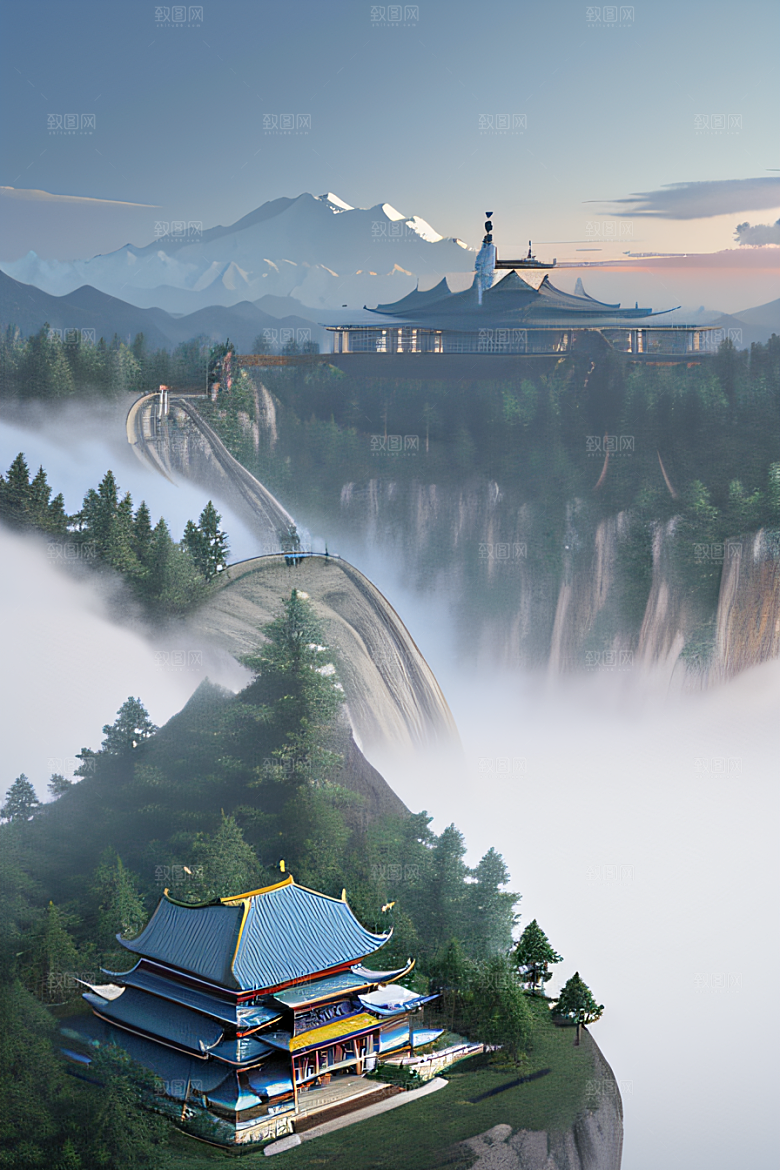 中国宫殿蓝白色调中的安静美景