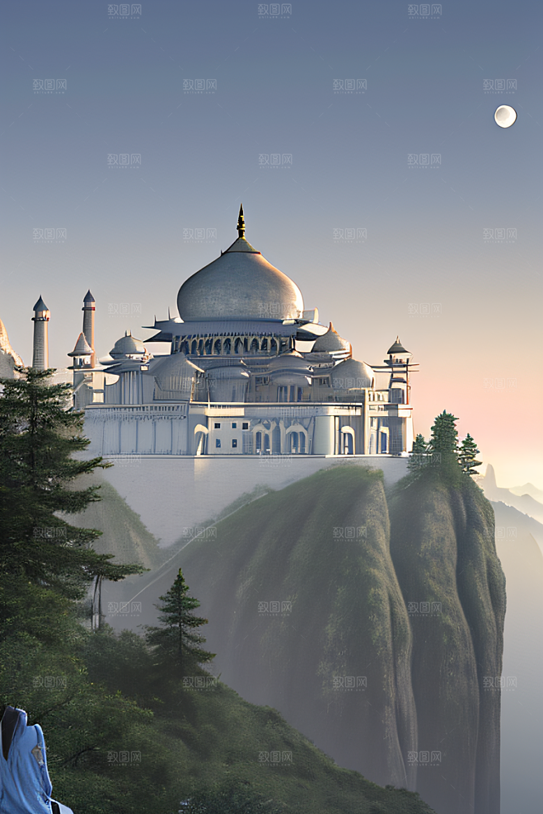 中国宫殿蓝白色调中的安静美景