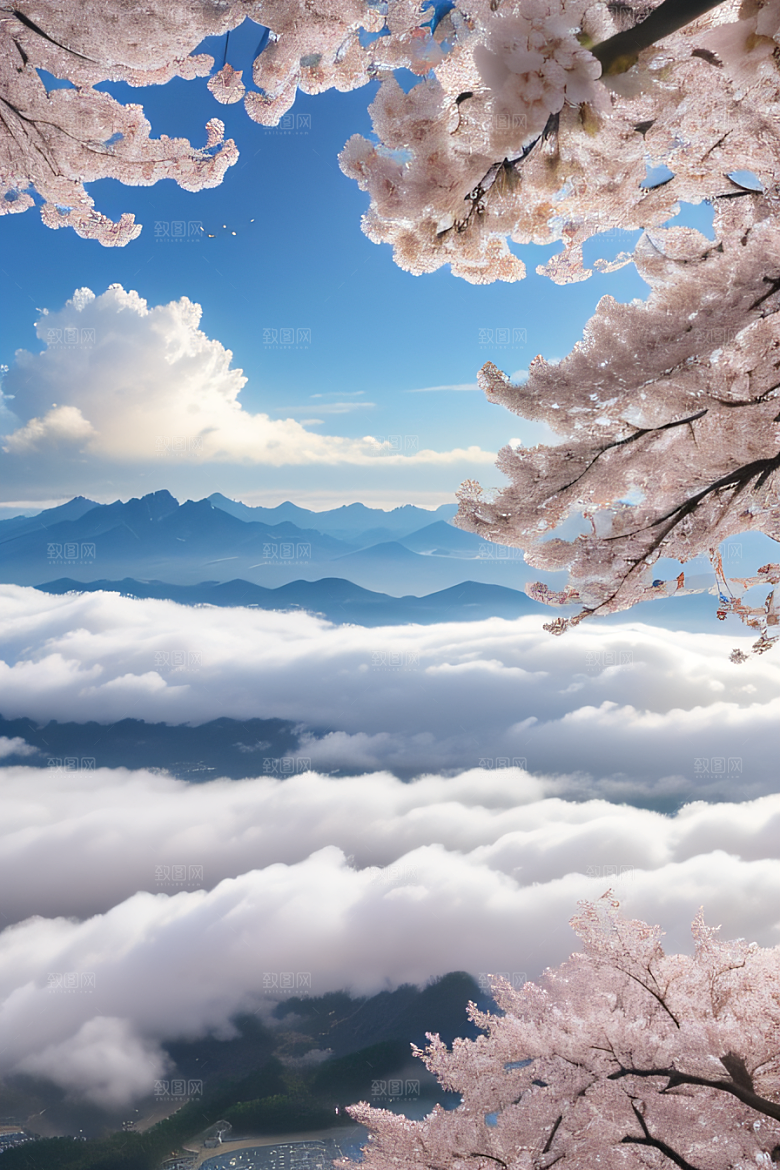 樱花绽放云上宏伟宫殿