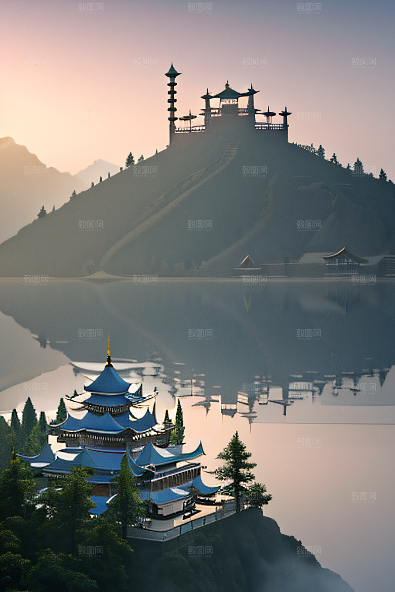 水中倒影中国宫殿与静谧河流的幻境