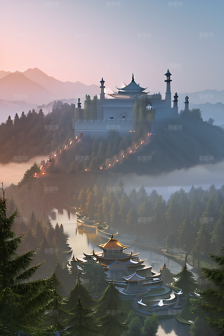 水中倒影中国宫殿与静谧河流的幻境