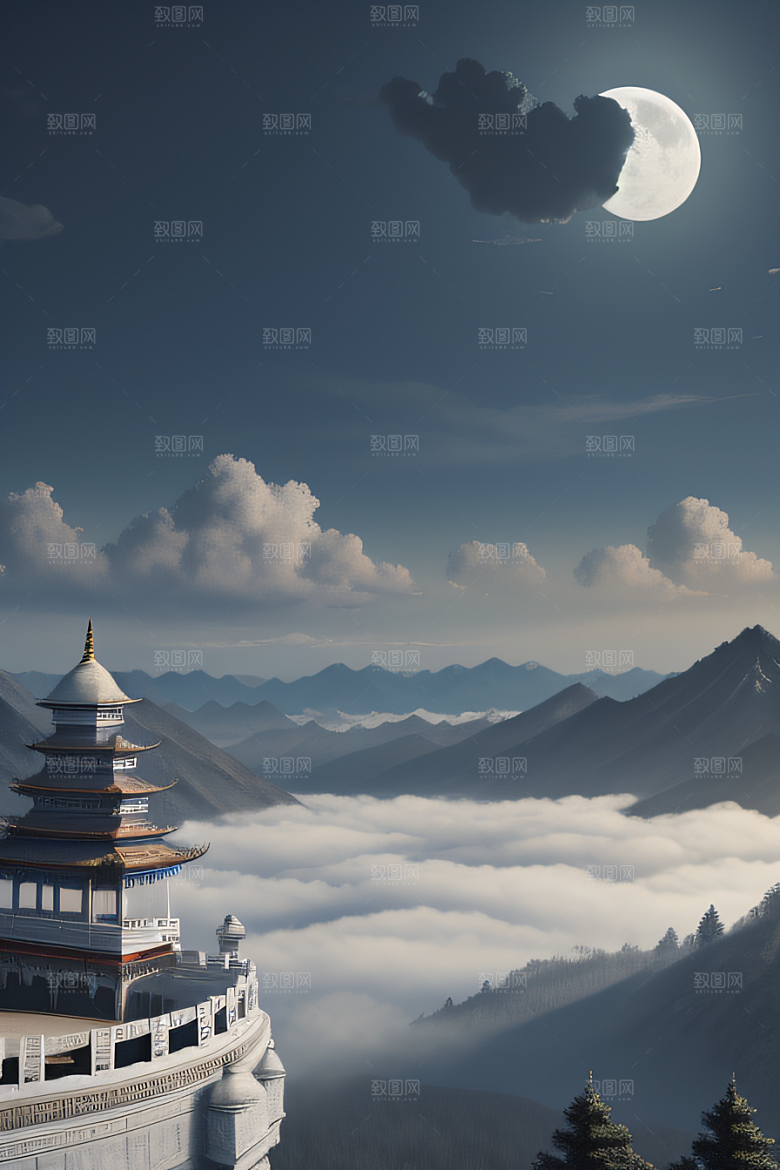 雾山之巅宁静美丽的中国宫殿