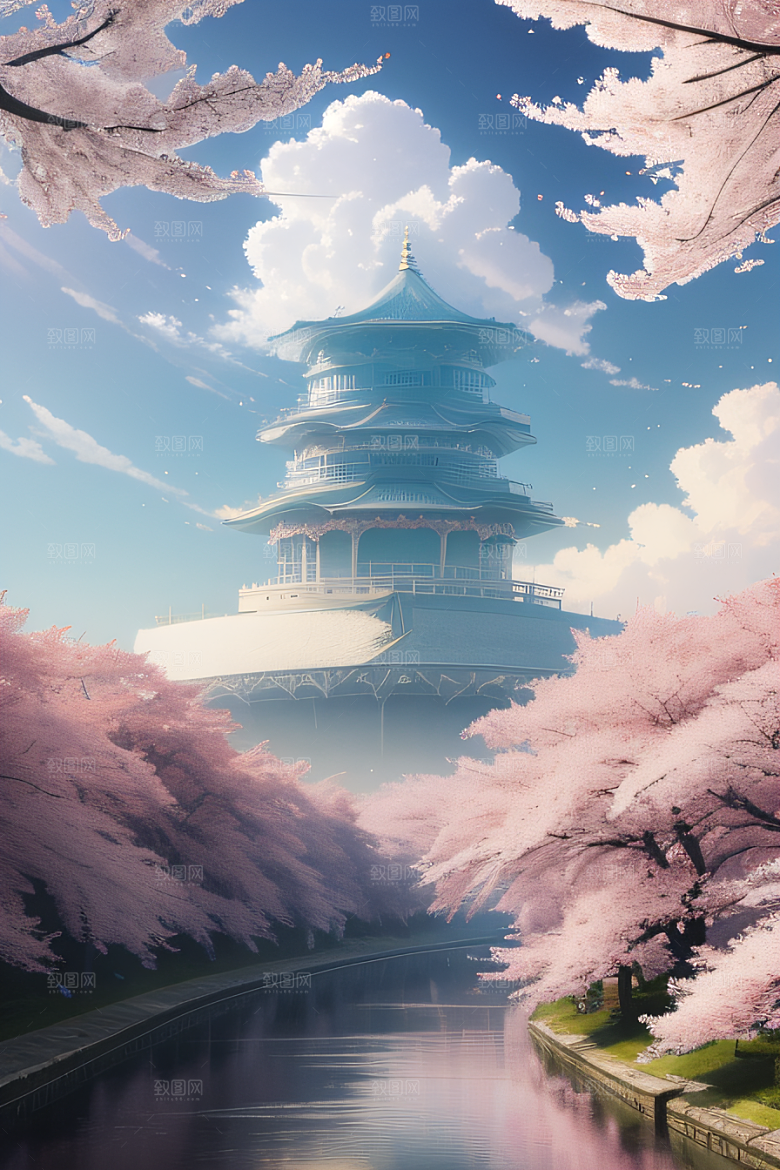 樱花盛开云上皇家宫殿