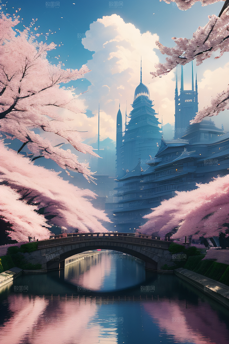 樱花绽放云上宏伟宫殿