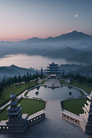 中国宫殿蓝白色调中的安静美景