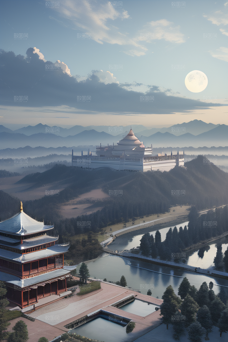 中国宫殿蓝白色调中的安静美景