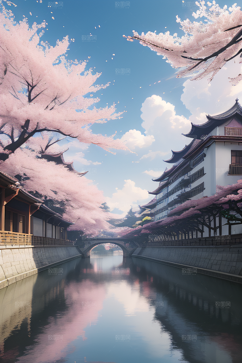 樱花绽放云上宏伟宫殿