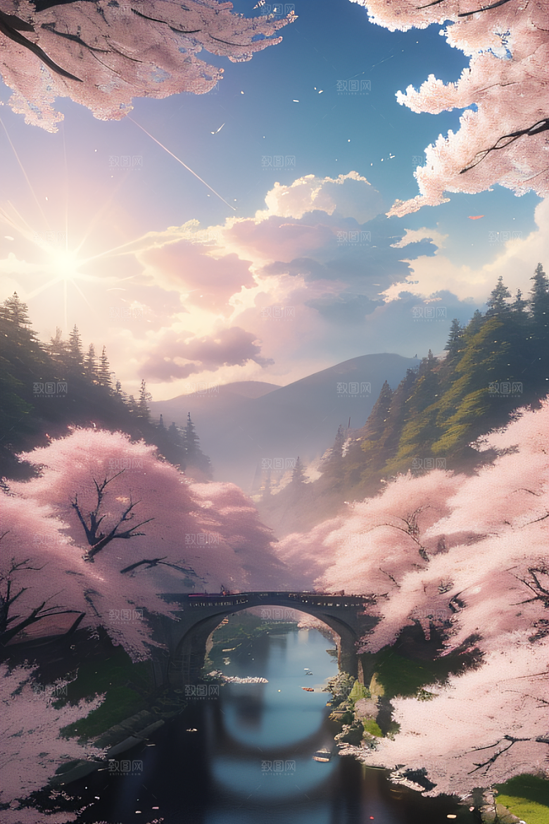 樱花绽放云上宏伟宫殿