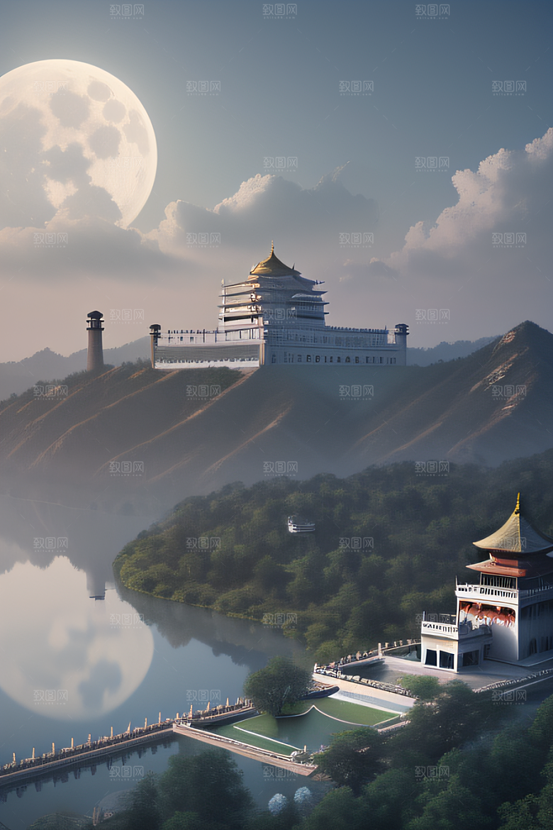 中国宫殿蓝白色调中的安静美景
