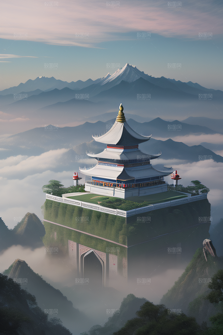 中国宫殿蓝白色调中的安静美景