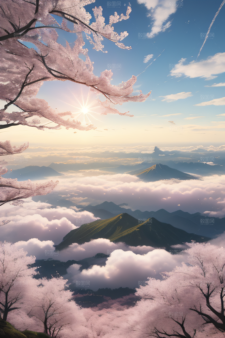 樱花绽放云上宏伟宫殿