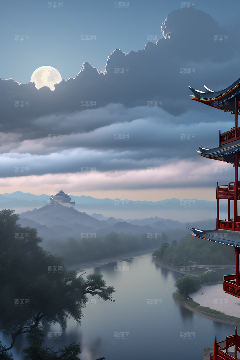 中国宫殿蓝白色调中的安静美景