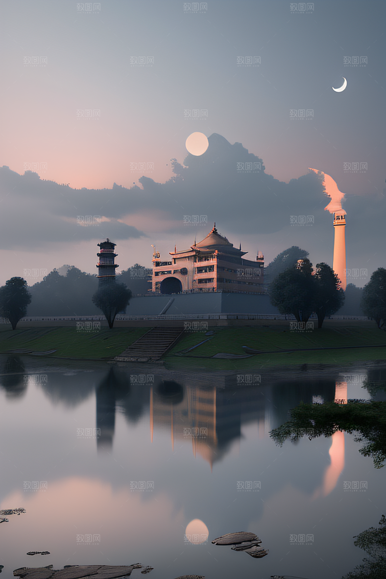 中国宫殿蓝白色调中的安静美景