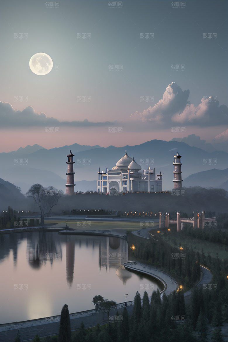 中国宫殿蓝白色调中的安静美景