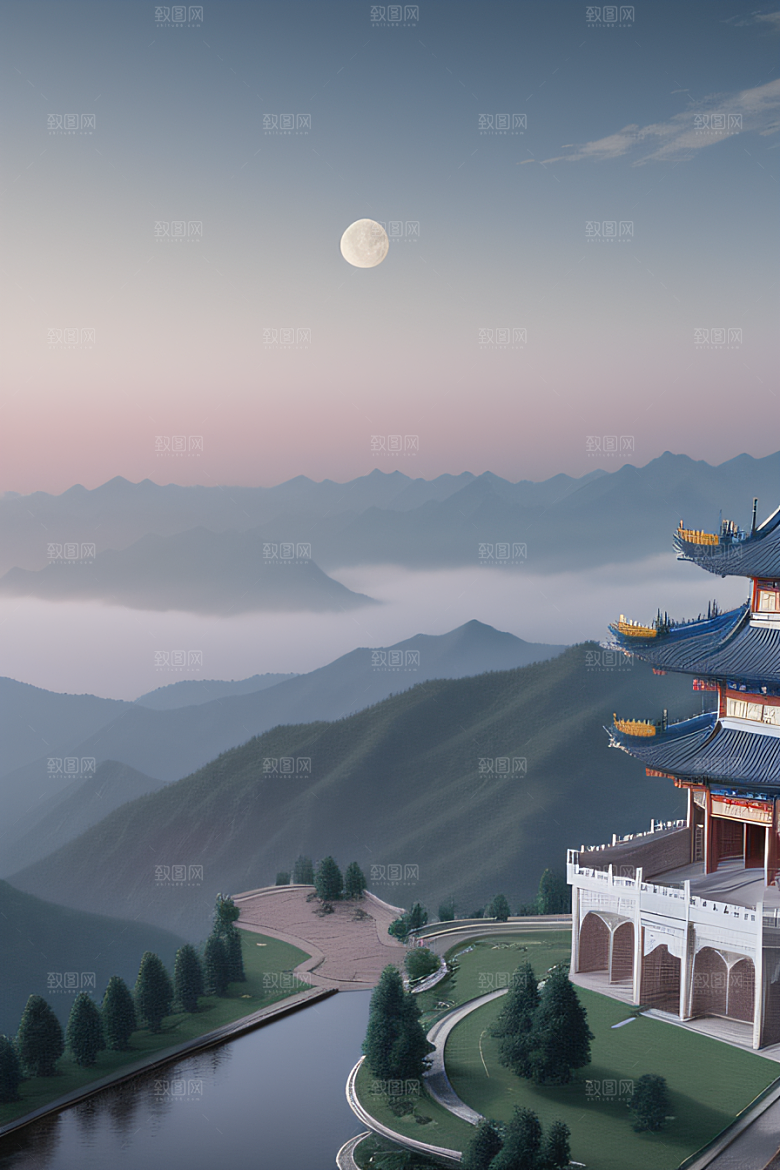 中国宫殿蓝白色调中的安静美景