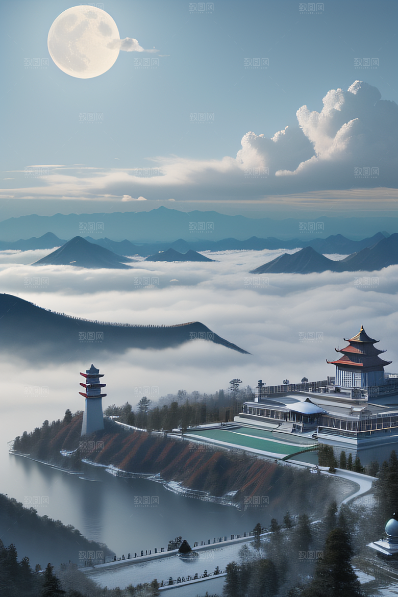 中国宫殿蓝白色调中的安静美景