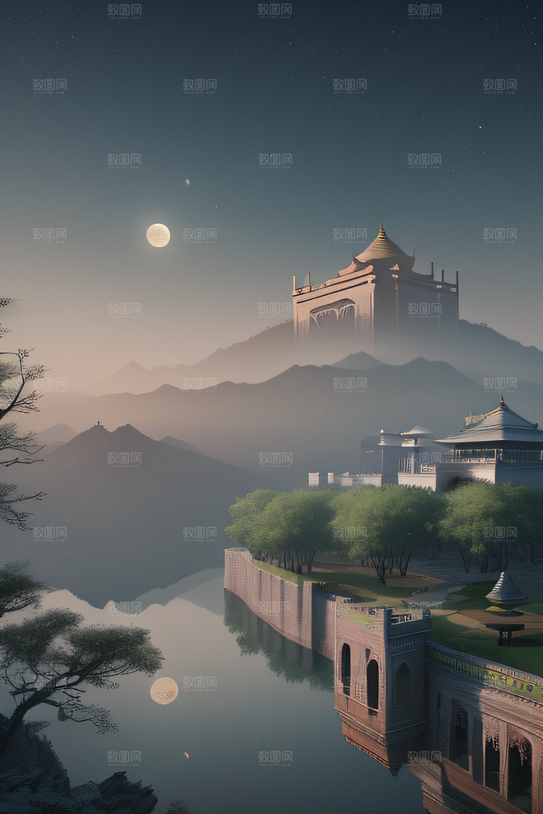 中国宫殿蓝白色调中的安静美景