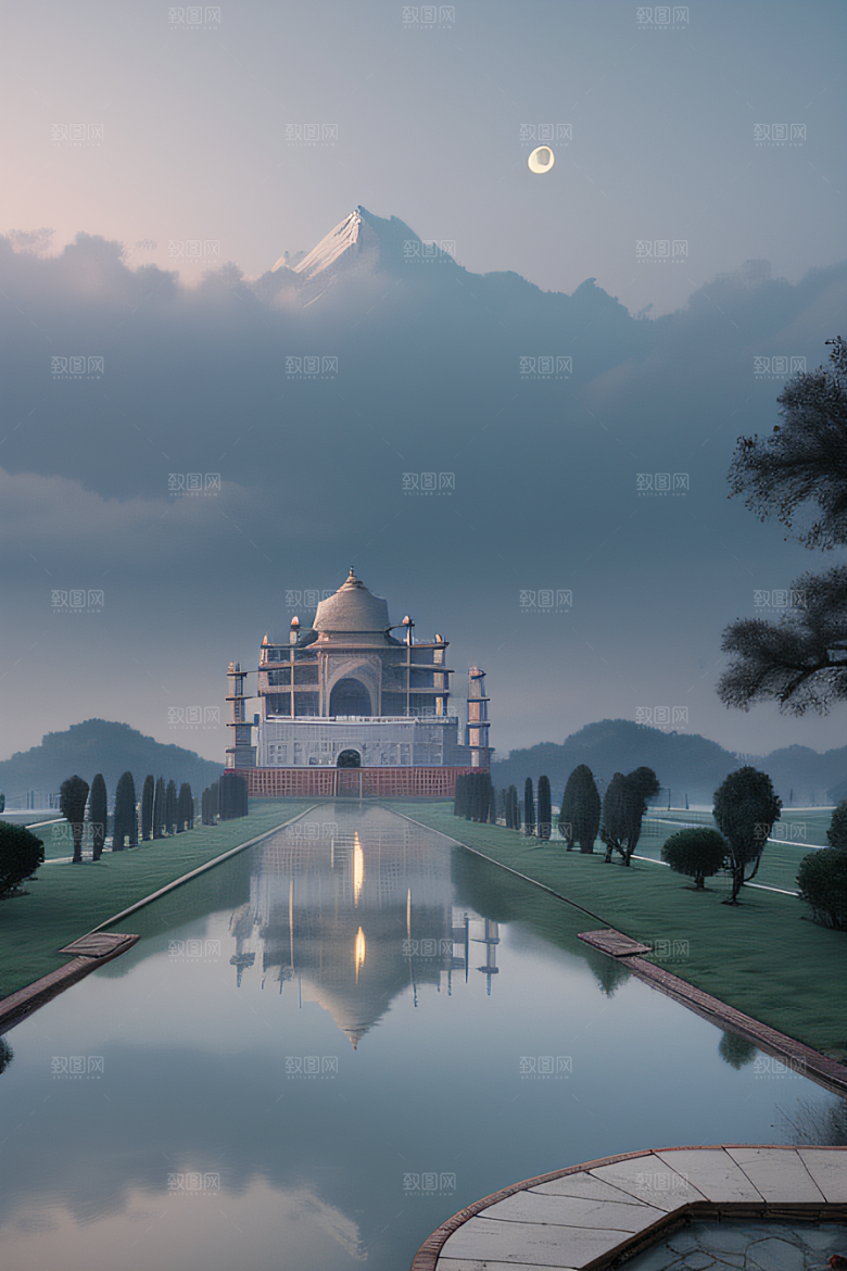中国宫殿蓝白色调中的安静美景