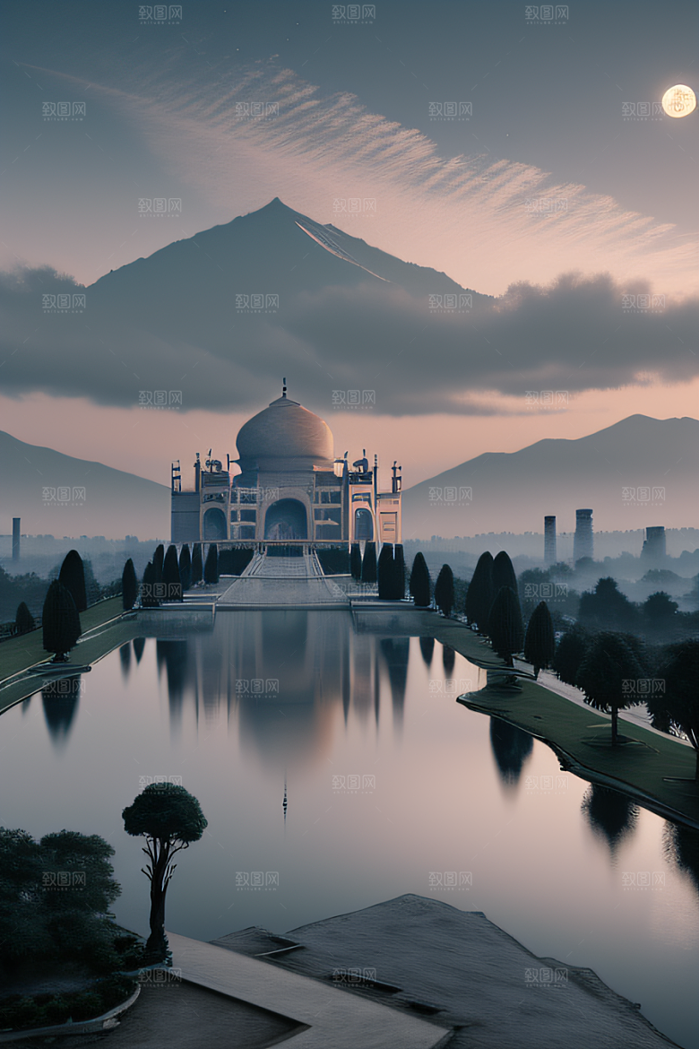 中国宫殿蓝白色调中的安静美景