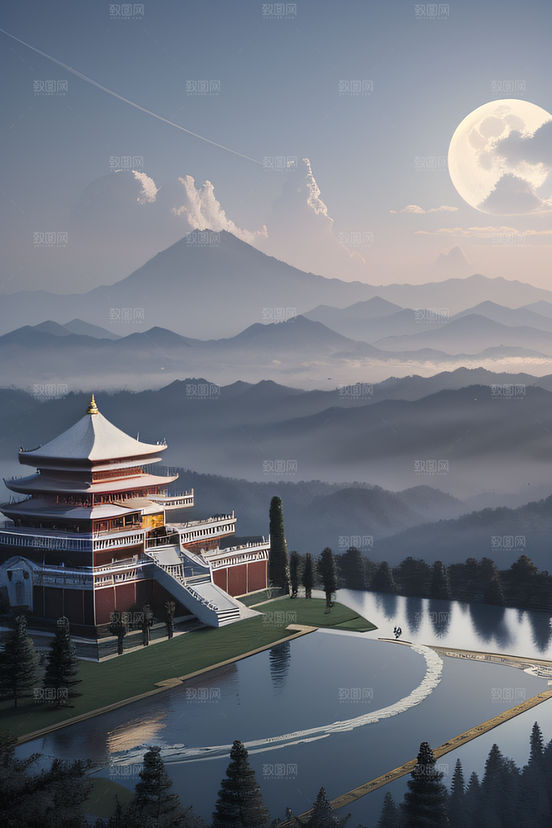 中国宫殿蓝白色调中的安静美景