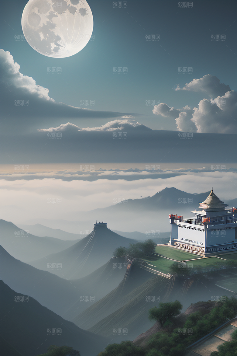 中国宫殿蓝白色调中的安静美景