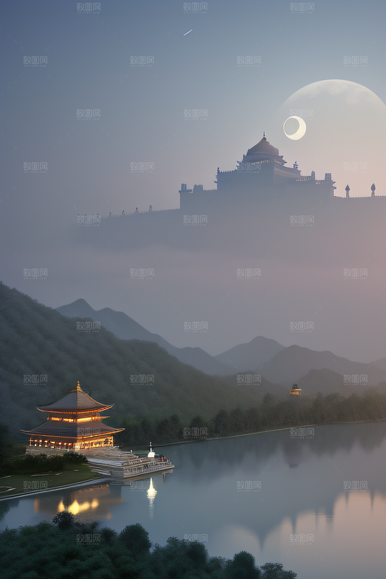 中国宫殿蓝白色调中的安静美景
