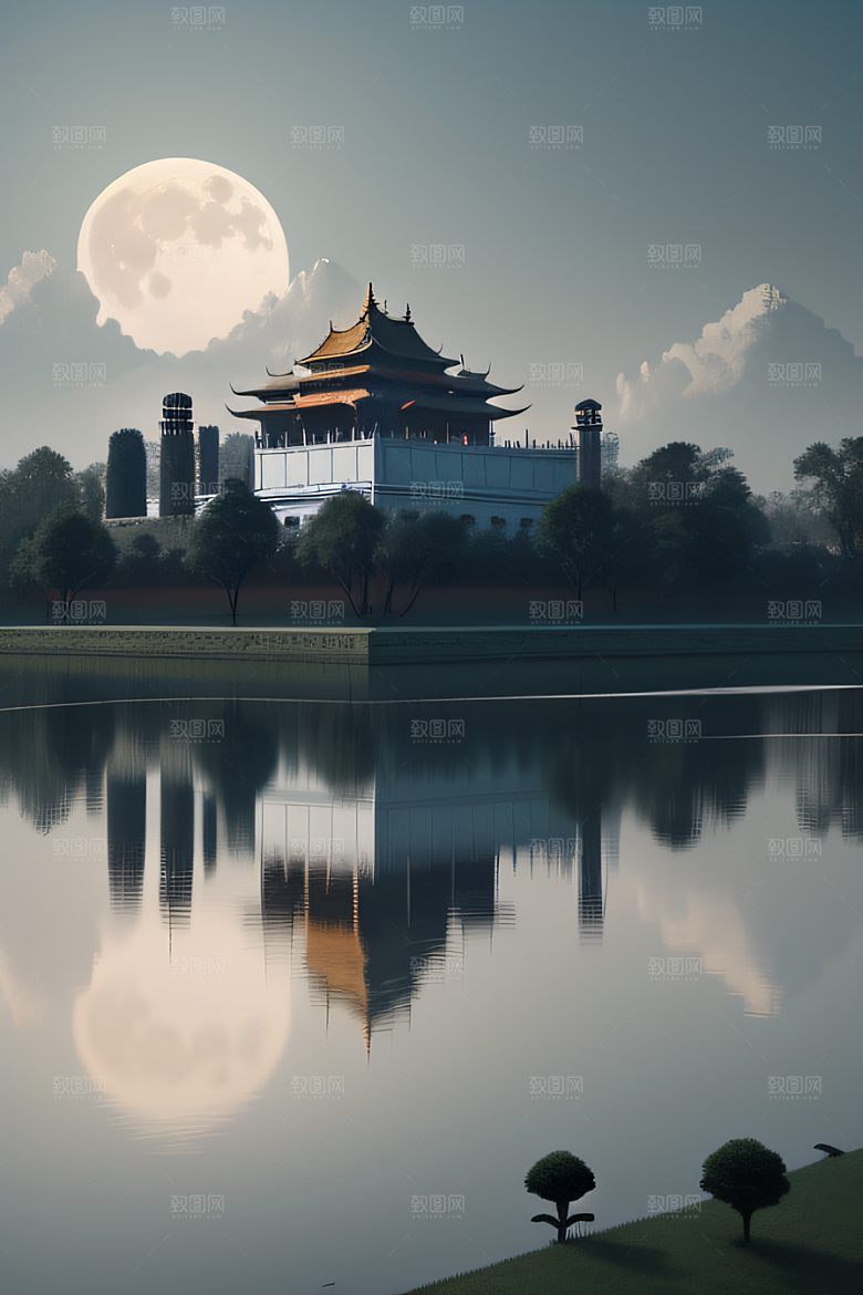 水中倒影中国宫殿与静谧河流的幻境