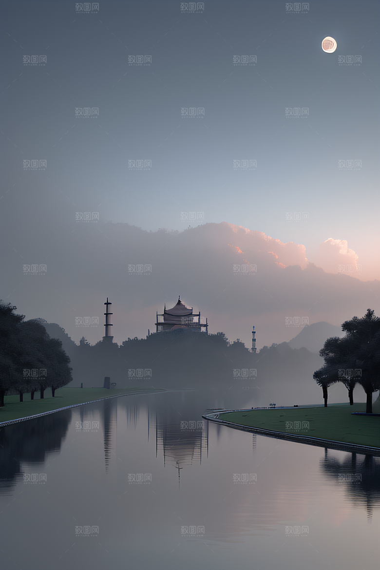 水中倒影中国宫殿与静谧河流的幻境