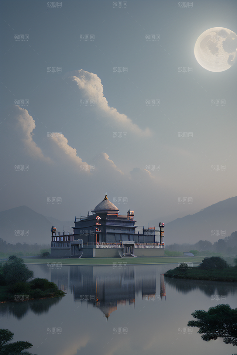 水中倒影中国宫殿与静谧河流的幻境