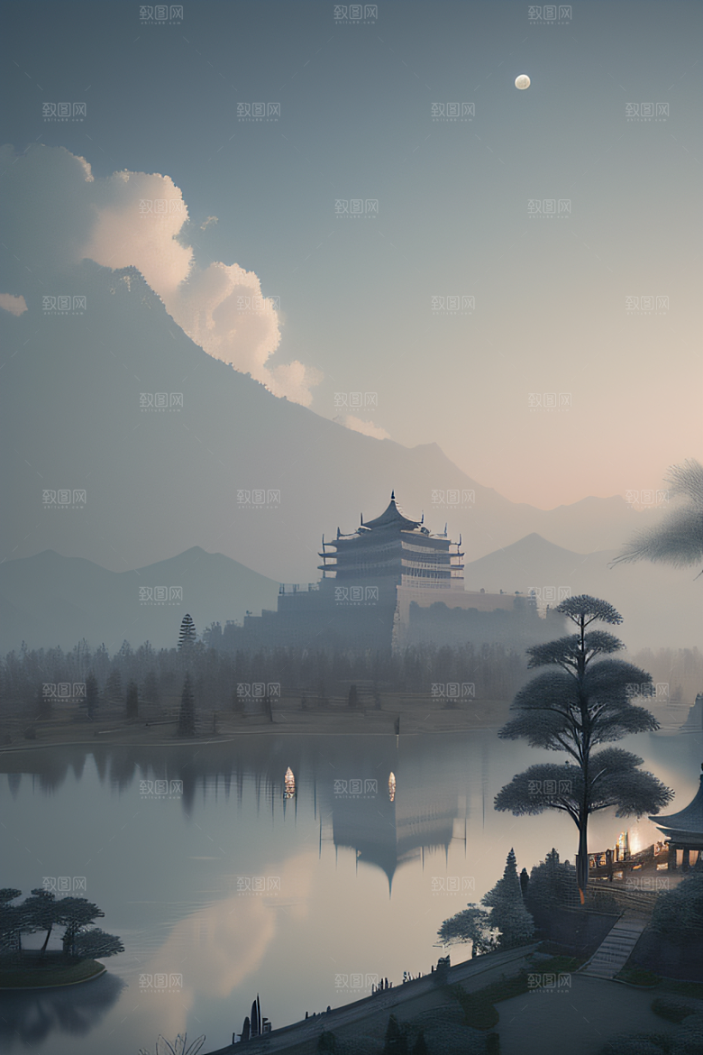 水中倒影中国宫殿与静谧河流的幻境
