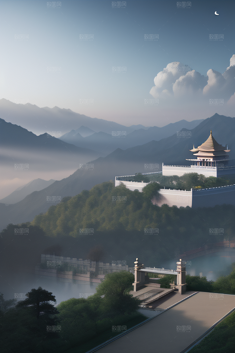 水中倒影中国宫殿与静谧河流的幻境