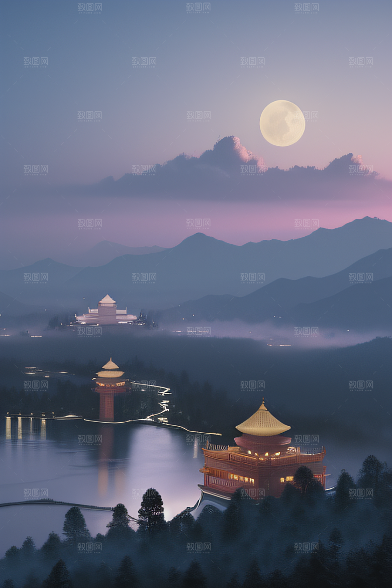 雾山之巅宁静美丽的中国宫殿